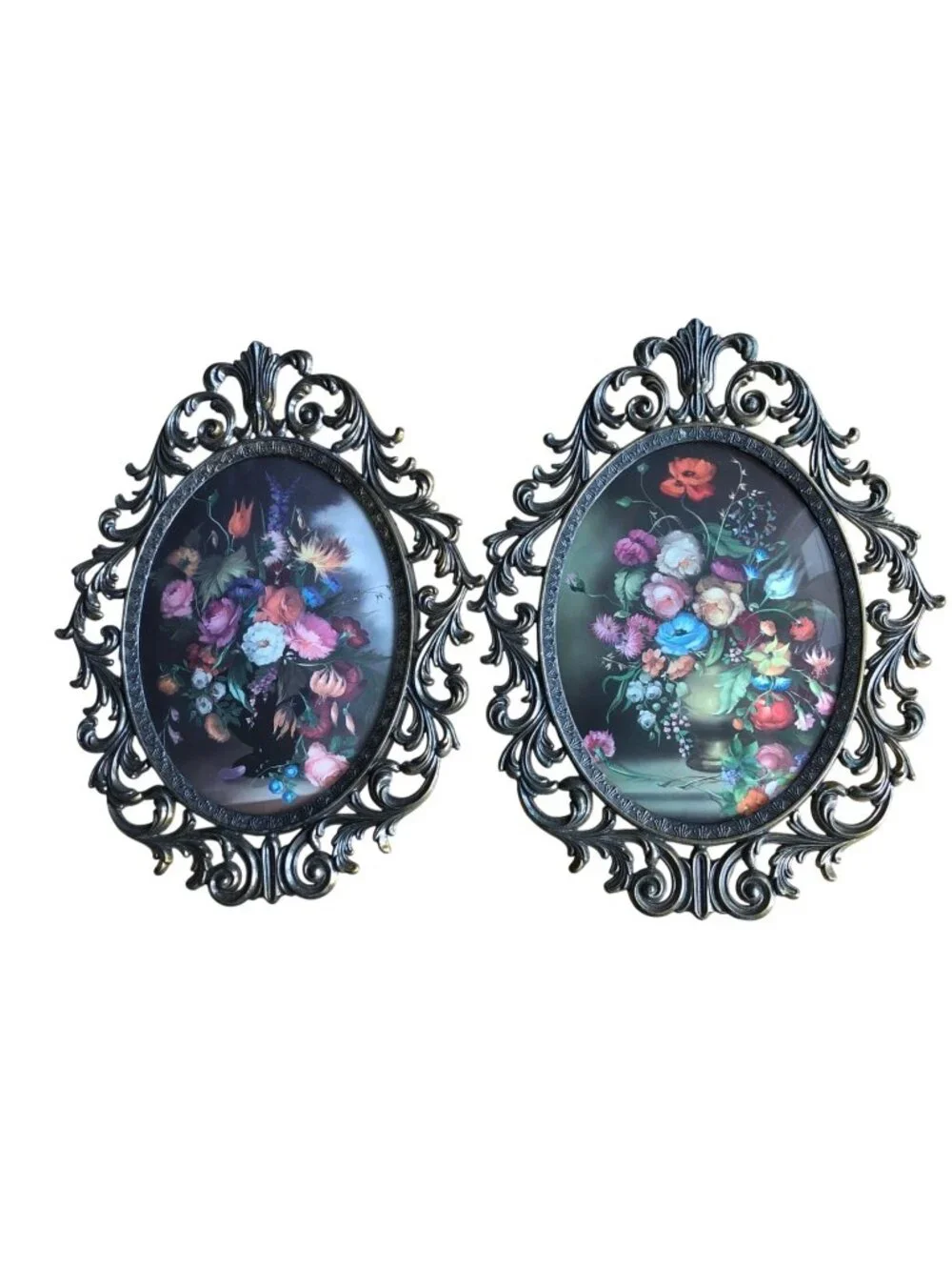 Vintage Italian Floral Wall Art Set With Ornate Frames - Oval Shaped - Made In I